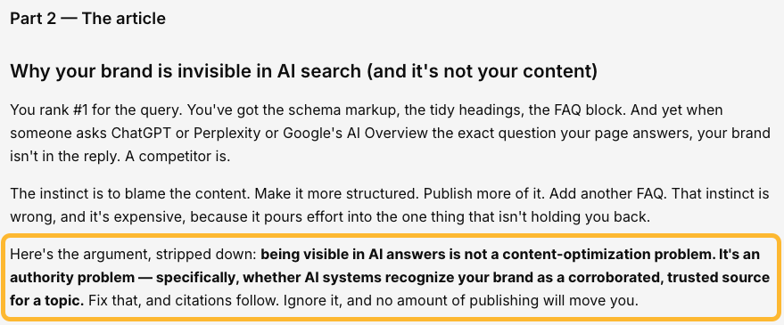 AI reasoning carried through into the final article draft