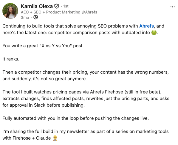 Firehose monitoring competitor pricing pages to auto-update content