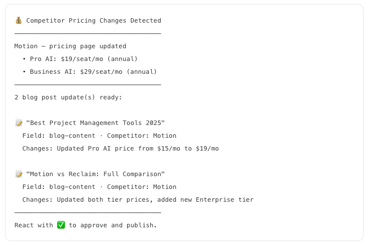 Slack summary of proposed content edits awaiting a checkmark approval