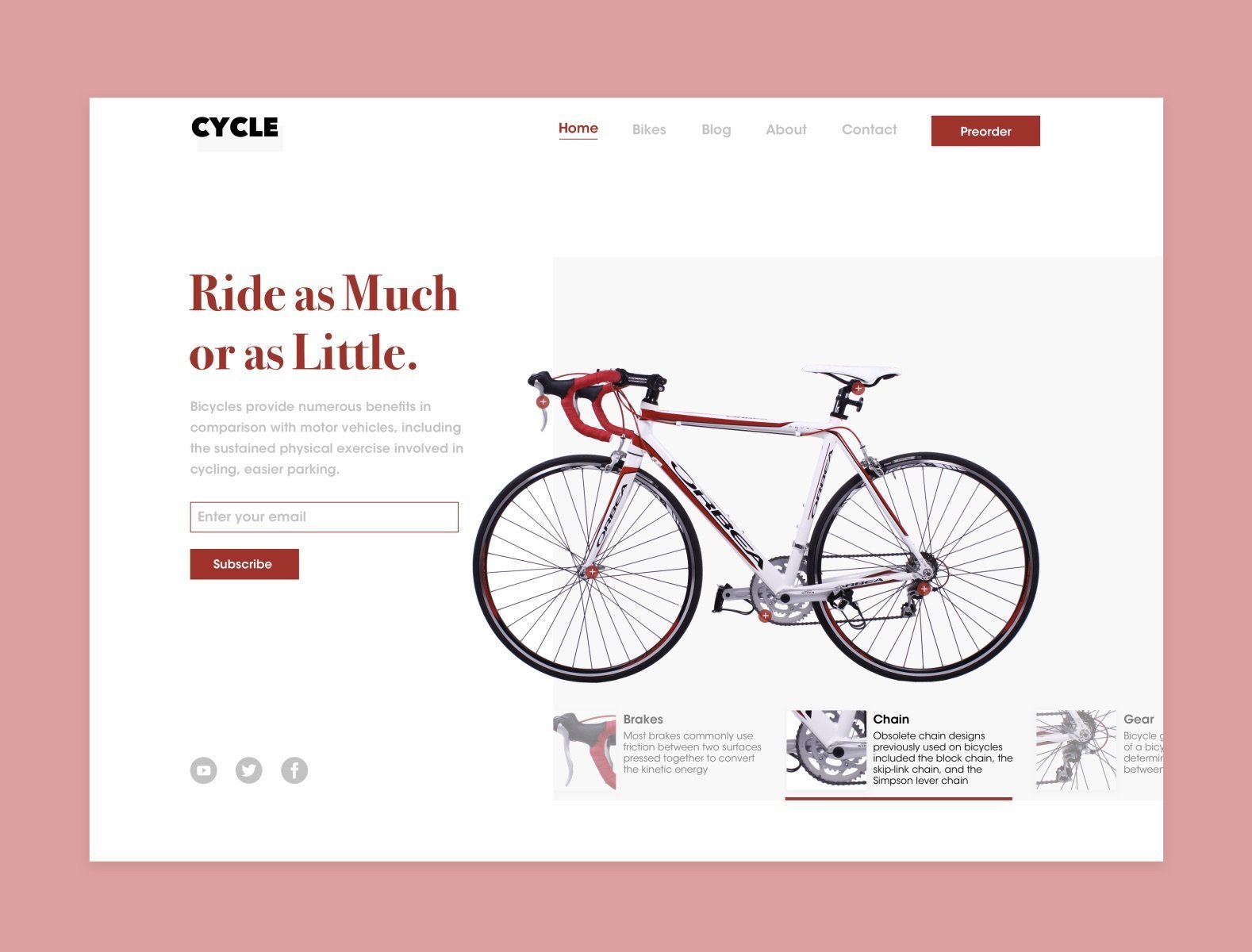 Screenshot of a webpage with a light pink background with a white box that contains the site content with a headline that reads "Ride as Much or as Little" in red, an email subscription form, and a large image of a red and white bicycle to the right.