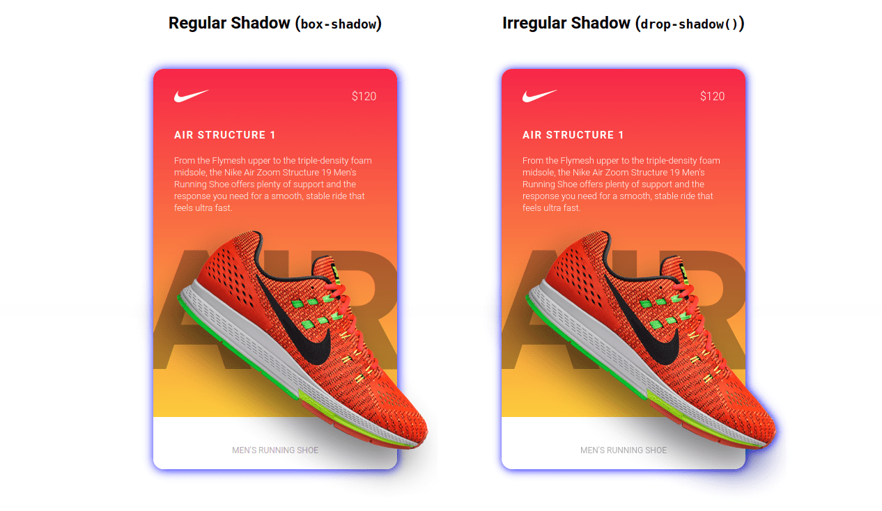 Showing two of the same card component side-by-side. They are brightly colored with a background gradient that goes from red to gold. The Nike logo is at the top, a title is below it, then a paragraph of white text beneath that. A red show with an exaggerated shadow is on both cards. The cards illustrated the difference between box shadow, which follows the boundaries of the card's edges, and drop shadow, which includes the shape of the shoe outside the card boundary.