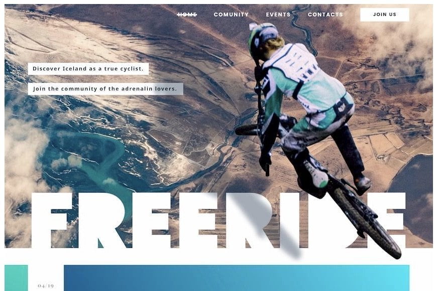 A view of a BMX biker from above leaping over a vast area of light brown land with the words free ride along the bottom edge in large, bold, and white block lettering.