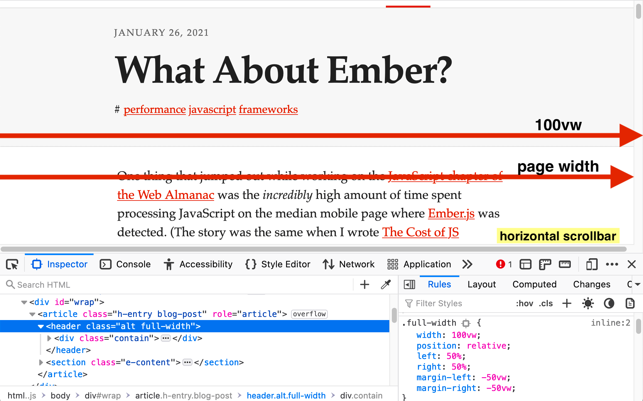 Screenshot of an article on a white background with a large black post title, post date and red tag links above a paragraph of black text. A scrollbar is displayed on the right with two large red arrows illustrating the page width, which is larger than the 100 viewport width unit.