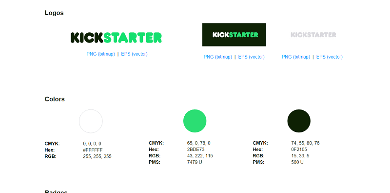 The Kickstarter guideline includes its logo, colors, and badges
