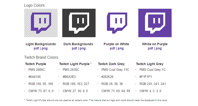 Check out Twitch’s guidelines on the proper use of its logo, social media icon, and colors