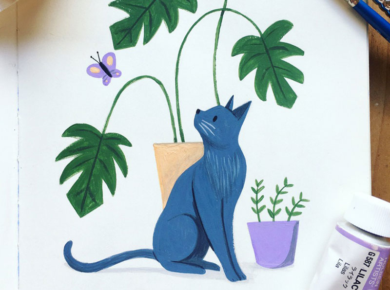 Gouache-Kitty-With-Monstera Beautiful cat illustration examples to check out