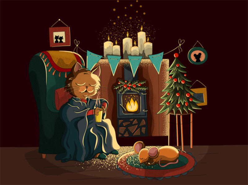 Christmas-illustration.-The-cat-and-the-mouse. Christmas illustration examples that look amazing
