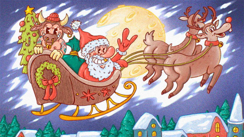 Crazy-Santa-and-Rock_n_roll-Bull-2021 Christmas illustration examples that look amazing