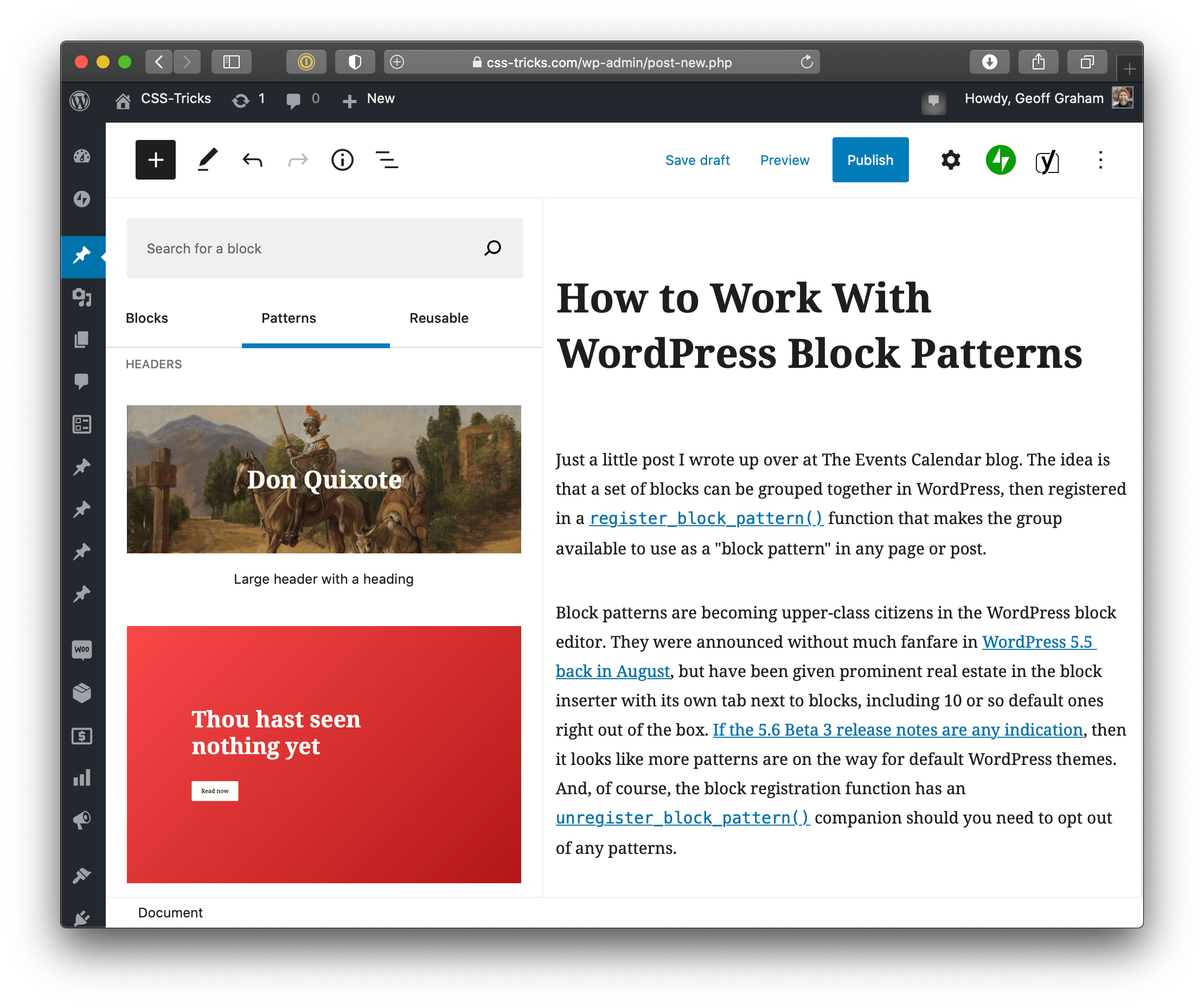 Full page screenshot of the WordPress post editor. On the right is the post content, which includes a large bold title in black above two paragraphs. On the left is the block inserter expanded with the Patterns tab active and displaying two options for header patterns.