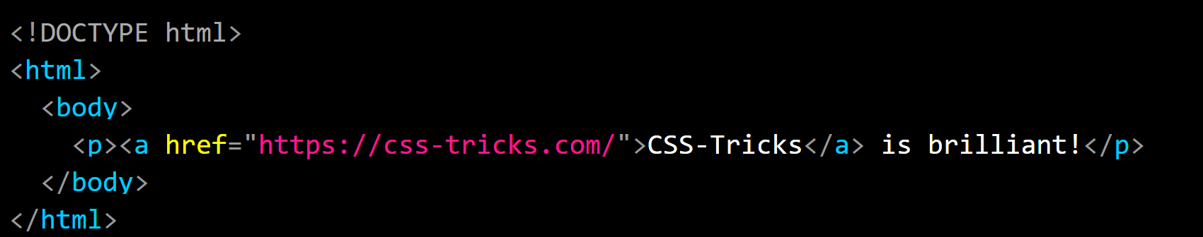 Showing the basic HTML document boilerplate with syntax highlighting on a black background. The body element contains the markup yo a paragraph that contains a link that says 