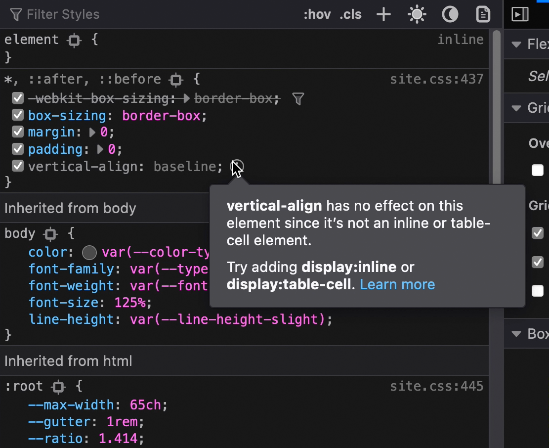Tooltip attached to an unused selector in the Developer panel. The tooltip reads, “vertical-align has no effect on this element since it’s not an inline or table-cell element. Try adding display: inline or display: table-cell. Learn more. Screenshot.”