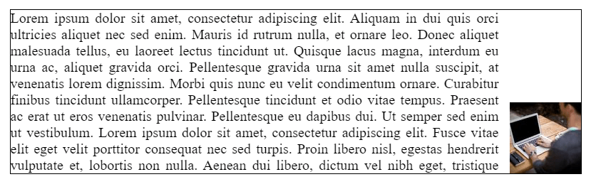 A paragraph of lorem i-sum text with a small square image to the right of the text. The image is located at the bottom right of the text and the space above the image is empty.