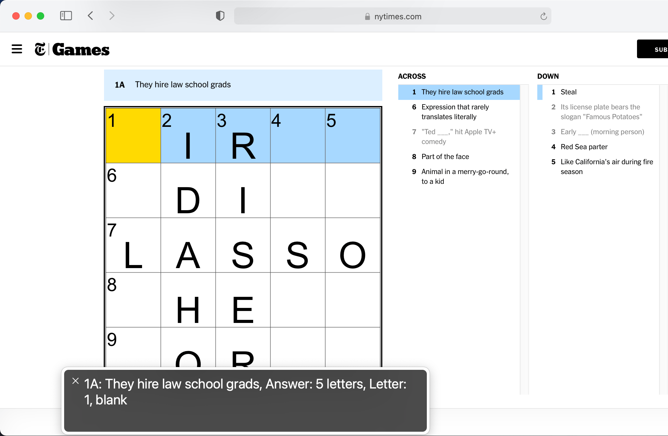 Screenshot of the crossword game with an open screen reader dialog announcing what is on the screen.