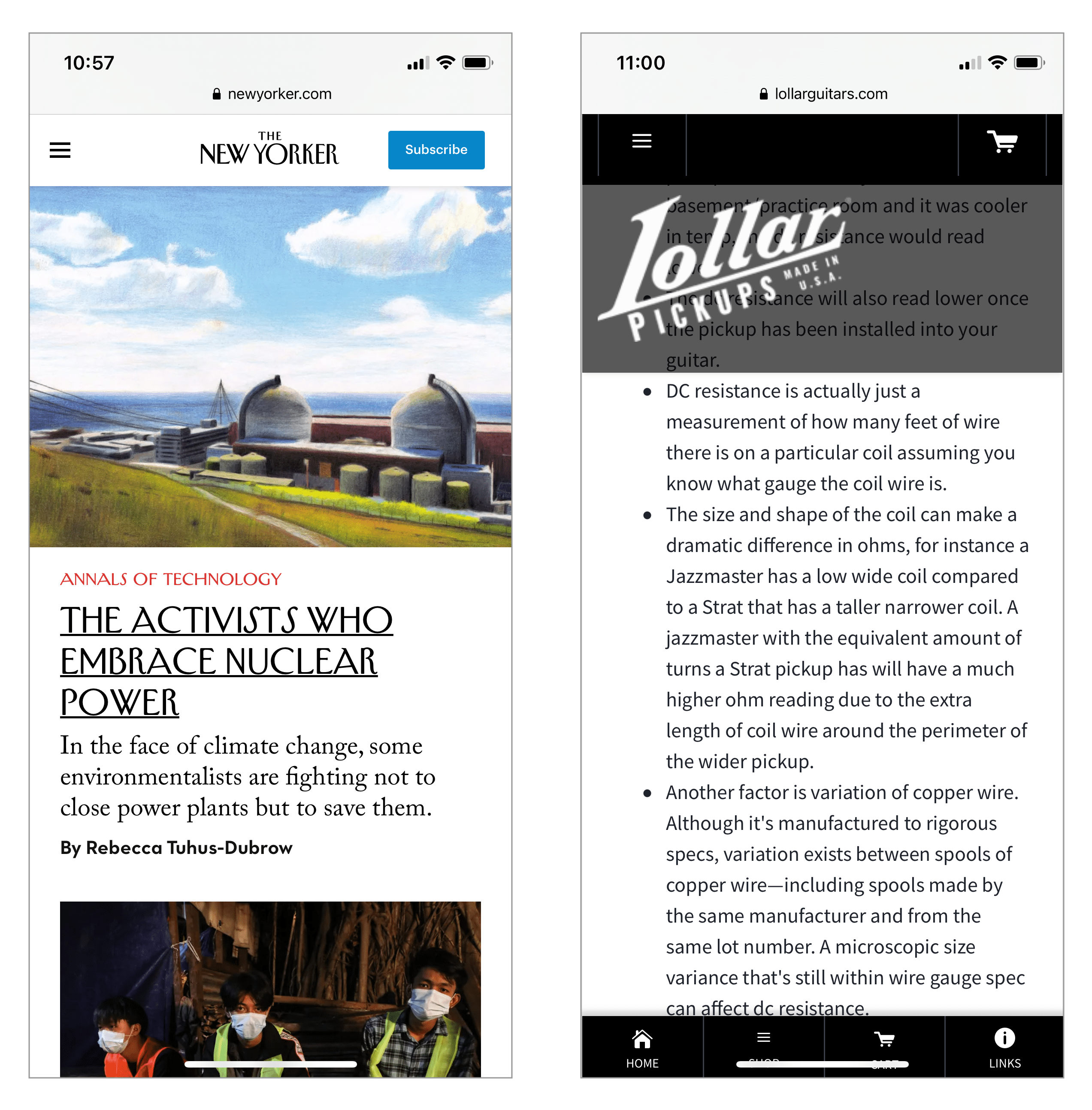 Two mobile websites with sticky headers side by side