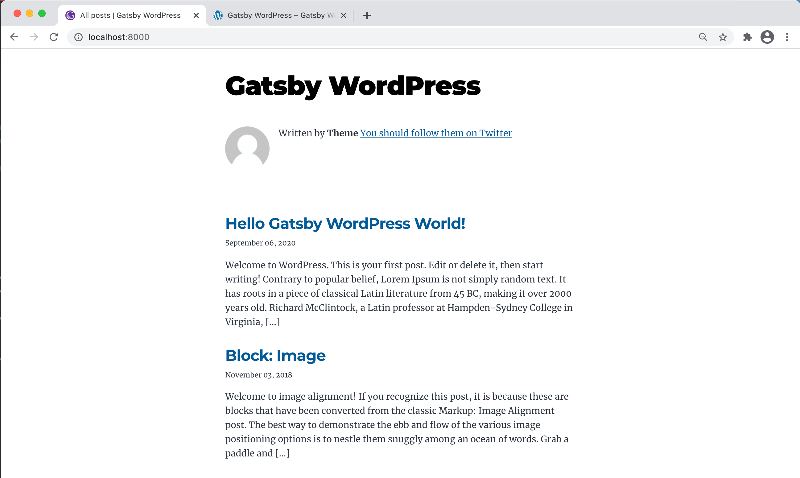 The homepage of our starting site, displaying posts pulled from WordPress data in a single column.