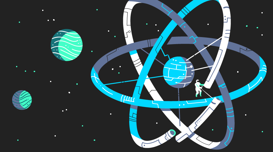 An astronaut constructing a space colony in the shape of the React logo