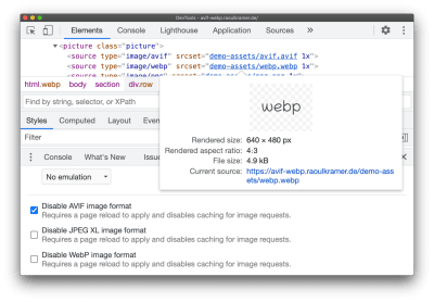 Chrome DevTools allows you to test differing fallbacks for WebP, AVIF or JPEG XL in the Rendering panel.