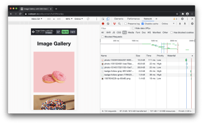 An image gallery using native image lazy-loading on images outside of the viewport. As seen in the Chrome DevTools Network panel, the page now only downloads the bare minimum of images users need upfront. The rest of the images are loaded in as users scroll down the page.