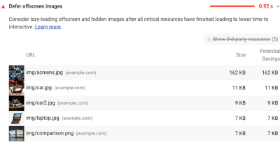 Lighthouse Opportunities section lists any offscreen or hidden images on a page that can be lazy-loaded as well as the potential savings from doing so.