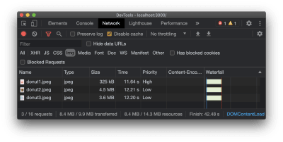 with the DevTools network panel open, we see that our images are very large in size (325KB + 4.5MB + 3.6MB = 8.4MB in total).