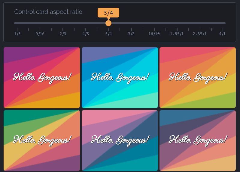 A 3 by 3 grid of square cards with color backgrounds made from conic gradients. The gradients appear like stripes that extend from opposite corners of the card. Each card reads Hello Gorgeous in a fancy script font.
