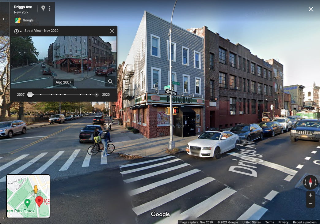 A person has a bicycle on a street in Brooklyn, which is recorded by Google’s Street View