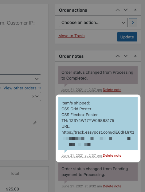 Showing shipping information in a meta box in the WordPress editor for an order. The box is a light blue with shipping information for a CSS Grid power, and CSS Flexbox poster with a URL to the tracking status.