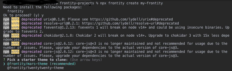 Screenshot of Frontity project creation using frontity create app CLI command