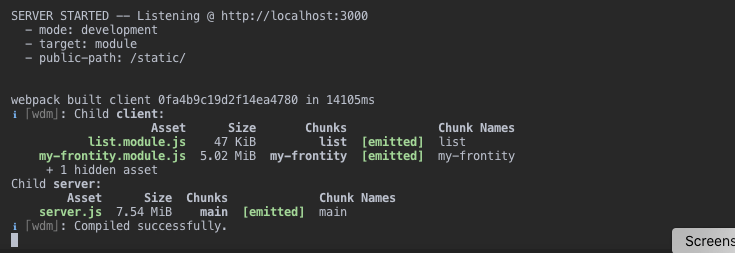 Screenshot showing completed built process with frontity dev CLI command