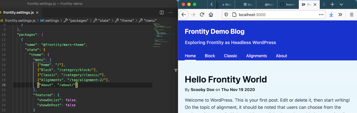 Screenshot showing menu items (left) and updated menu items in our Frontity site (right)
