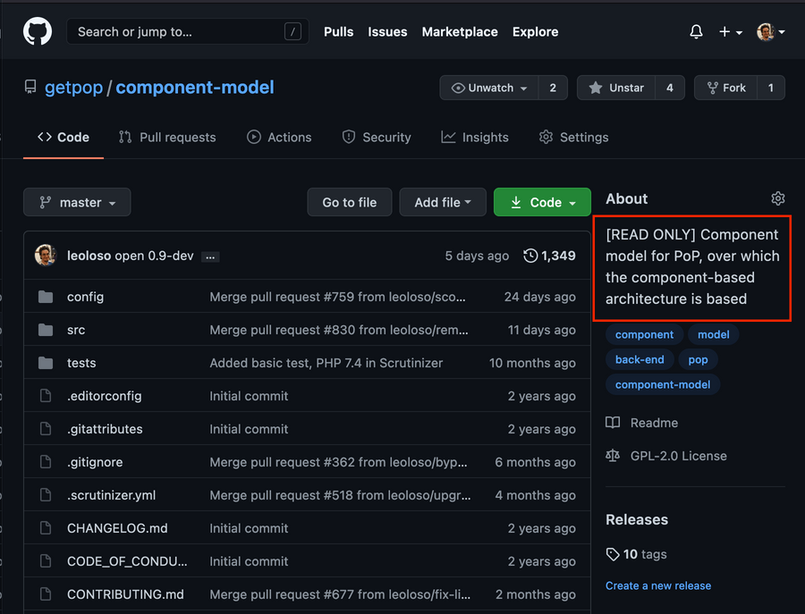 Showing the GitHub repo for the component-model project. The screen is in dark mode, so the background is near black and the text is off-white, except for blue links. There is a sidebar to the right of the screen that is next to the list of files in the repo. The sidebar has an About heading with a description that reads: Read only, component model for Pop, over which the component-based architecture is based." This is highlighted in red.