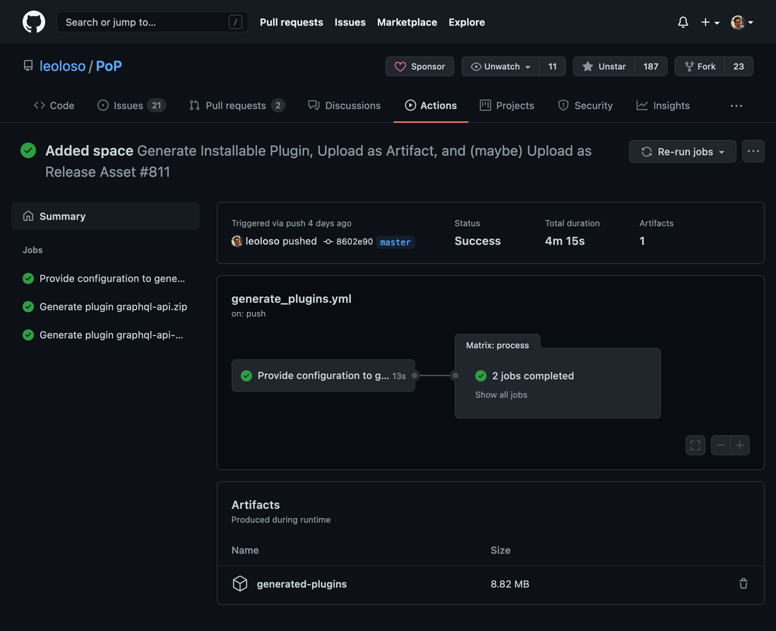 Dark mode screen in GitHub showing the actions for the project.
