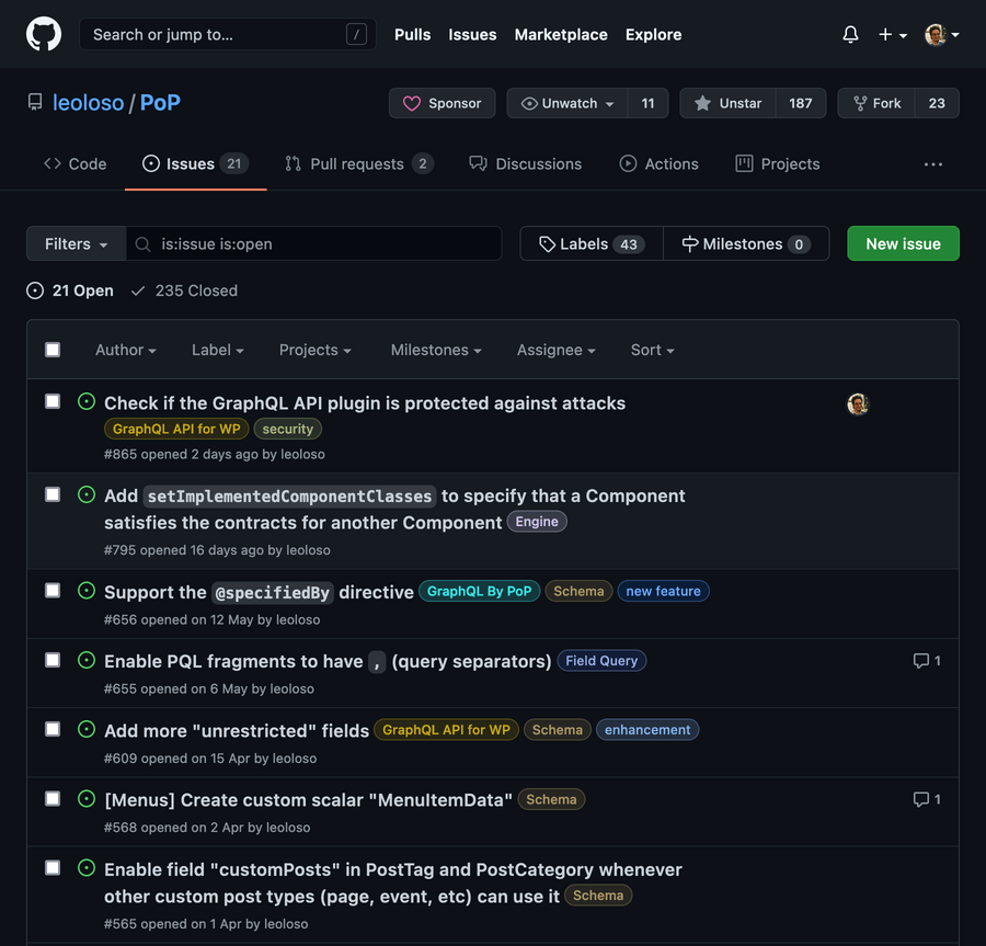 Showing the list of reported issues for the project in GitHub in dark mode. The image shows just how crowded and messy the screen looks when there are a bunch of issues from different projects in the same list without a way to differentiate them.