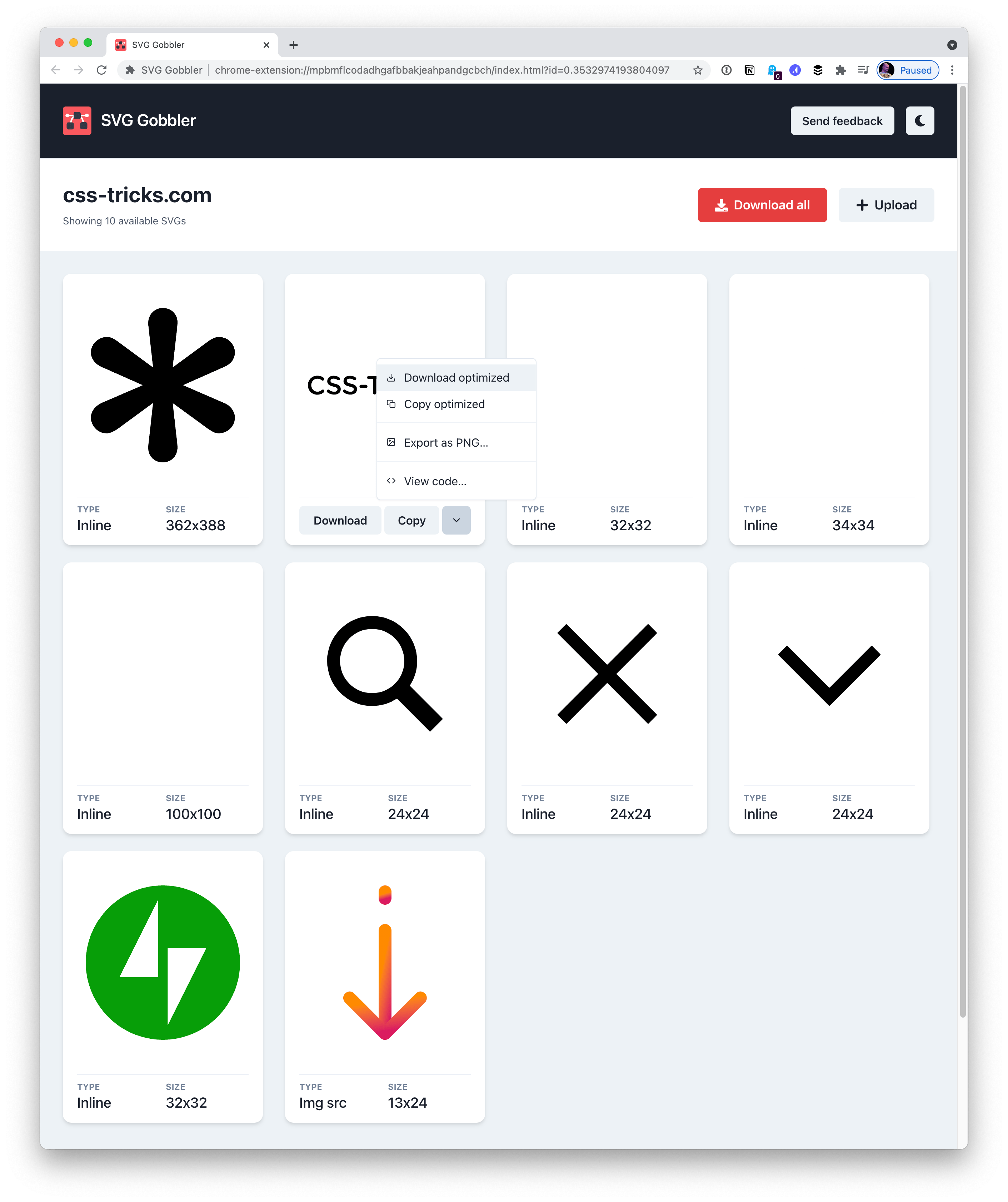 A browser window open with a black header that has the red SVG Gobbler logo flashed left and white buttons to send feedback and toggle dark mode flashed right. Below that is a grid of SVG icons, including the CSS-Tricks logo, a magnifying glass, a close icon, a downward chevron, the Jetpack logo, and an orange downward arrow.