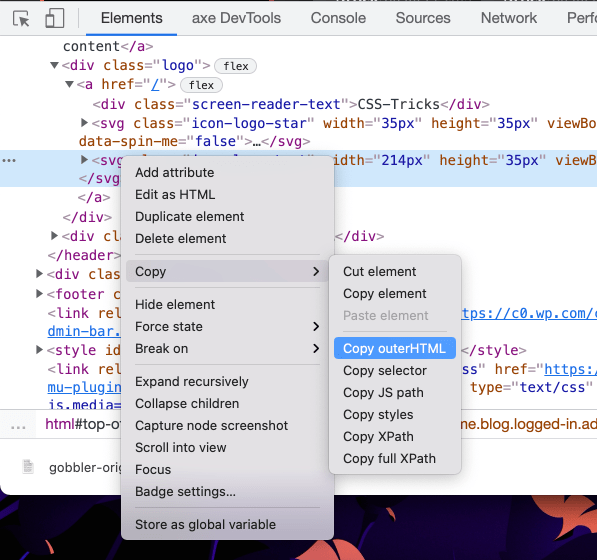 Show an open DevTools window with a contextual MacOS menu open on top of it with the option Copy highlighted, which opens to a second panel in the contextual menu where an option to copy the HTML is highlighted in bright blue.