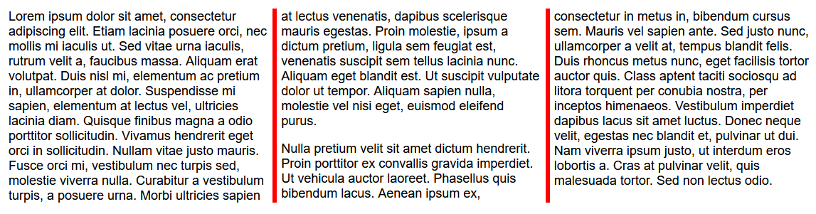 The same three columns of plain text, but with a red border between the columns.