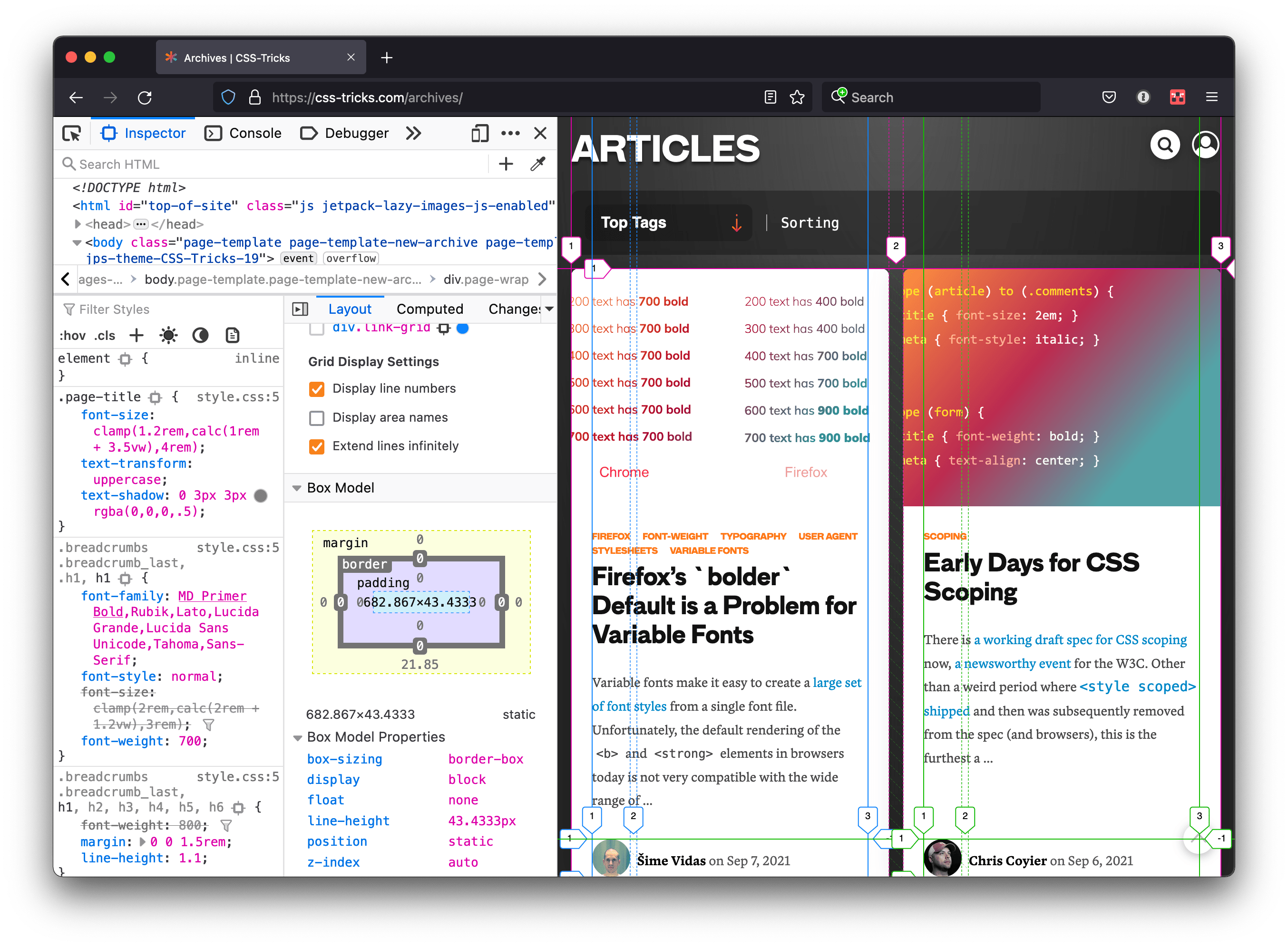 The CSS-Tricks site with DevTools open and docked to the left of the viewport in Firefox. DevTools displays Grid Inspector options and the page contains borders around elements in blue and green to indicate grid track lines.