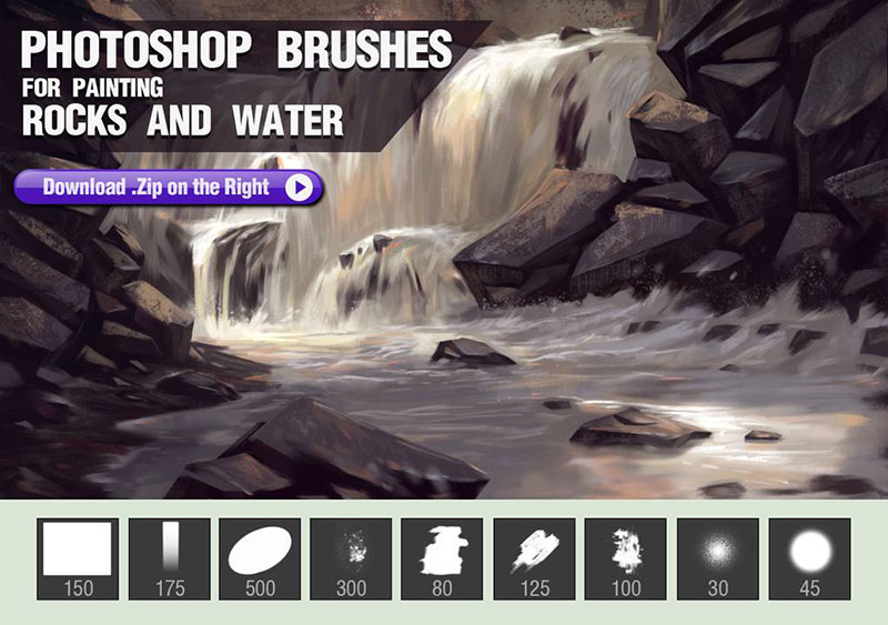 Photoshop-Brushes-for-Painting-Rocks-and-Water-The-complete-set Photoshop painting brushes to use for better designs