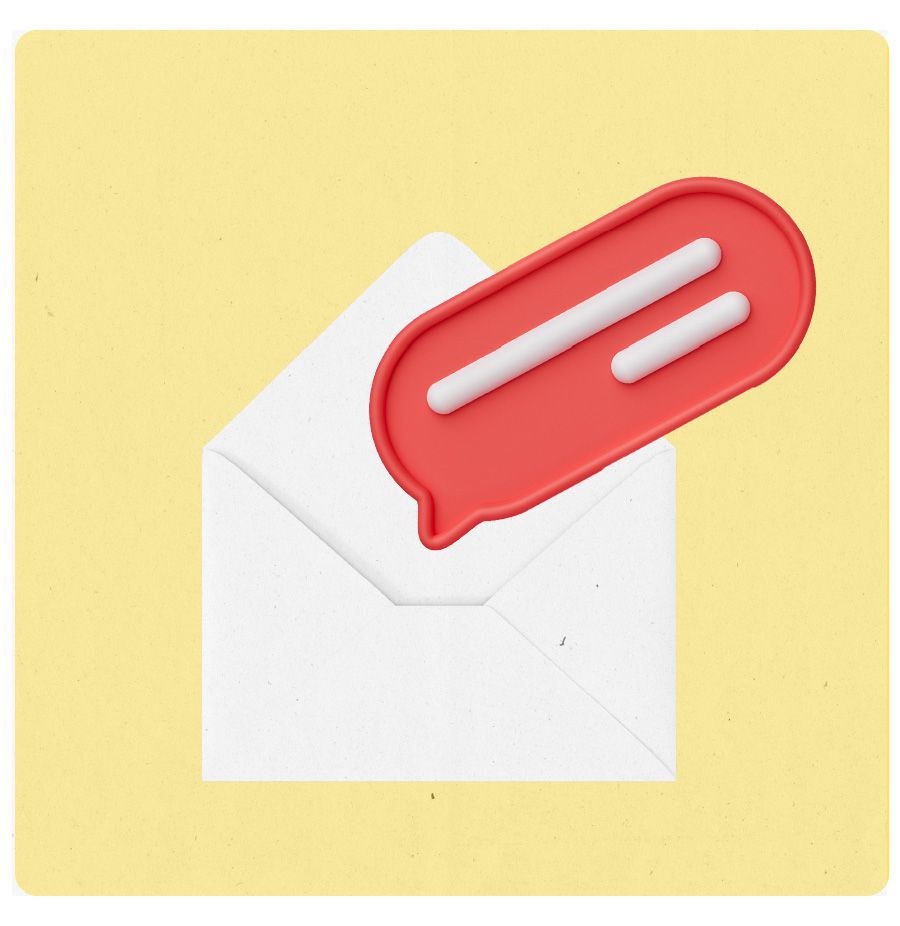 An illustration of an open envelope with a word bubble coming out of it.