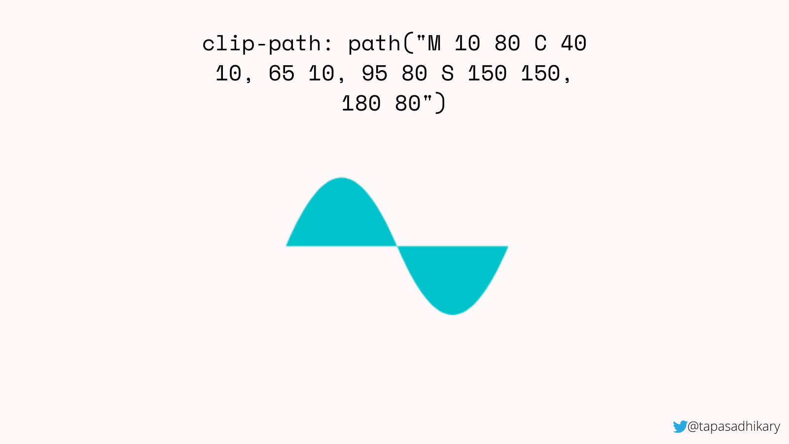 Showing a line of CSS code for the clip-path property filled in with the code of an SVG path inside the path function. The result is below the code, a parabolic curve that's filled in blue.