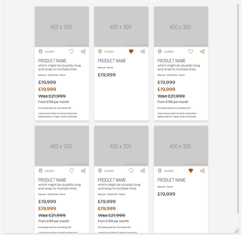 A grid of product cards in a three by two layout. Each card has a placeholder gray image, product name, descriptions, price, and small text.
