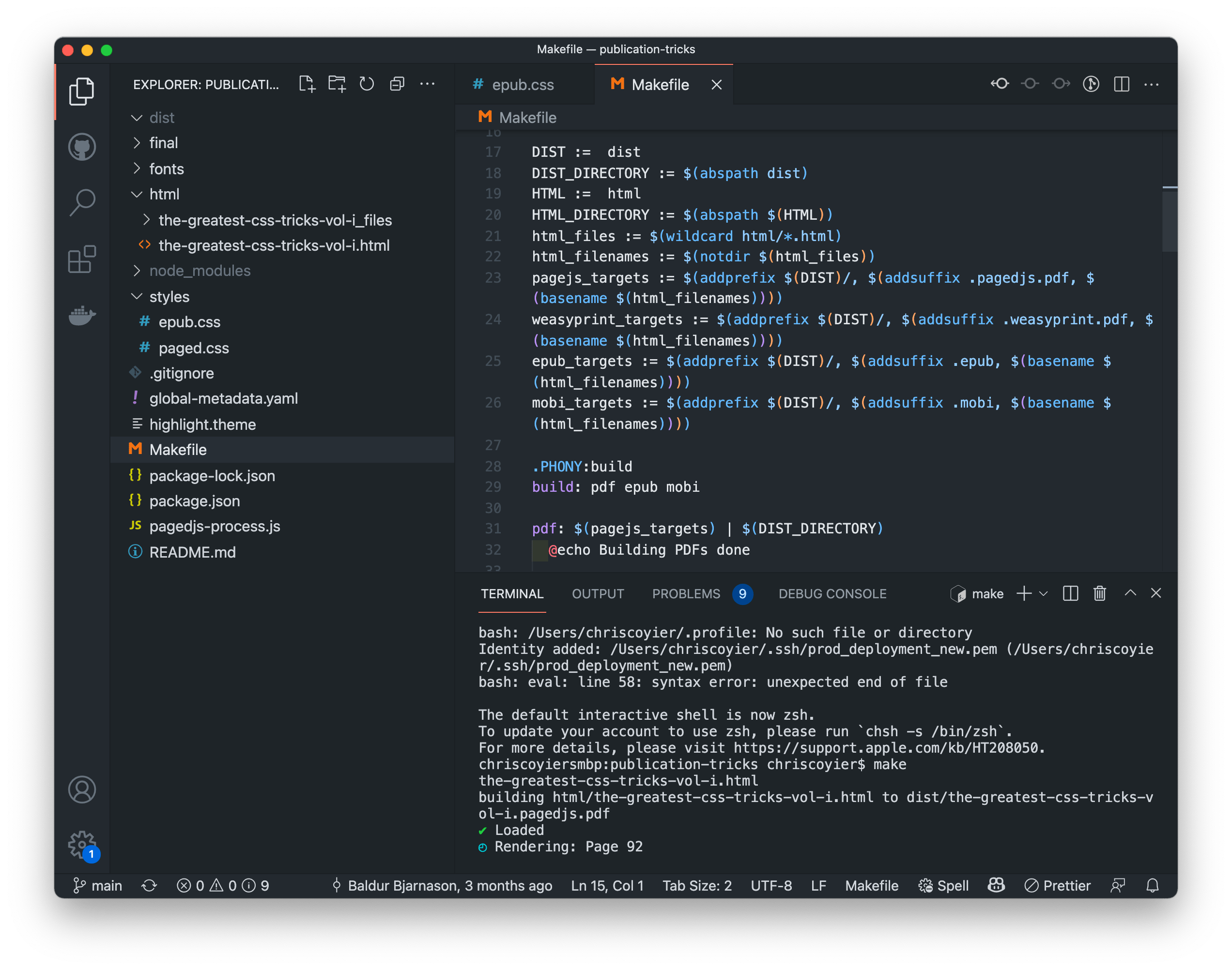 VS Code showing there terminal open running a Makefile script producing the eBooks.