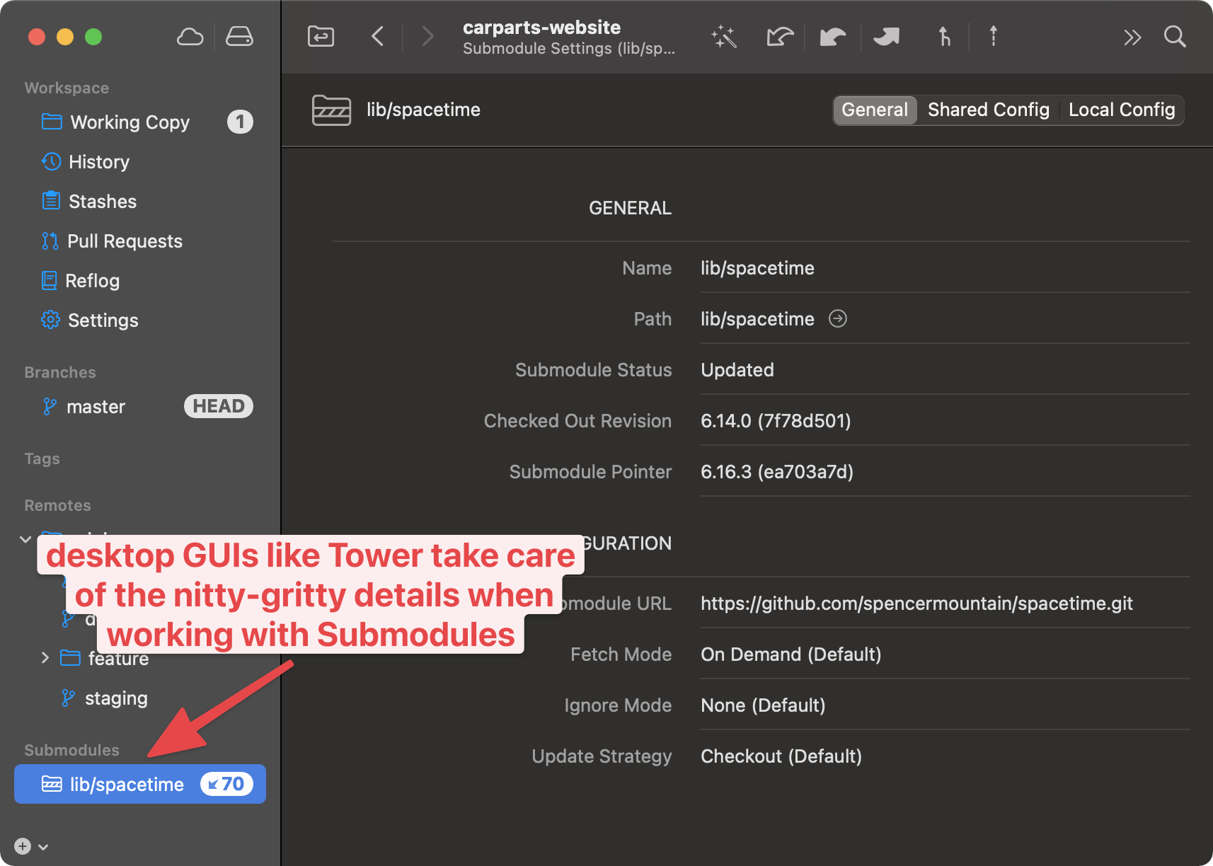 Git desktop GUIs like Tower make handling Git submodules easier