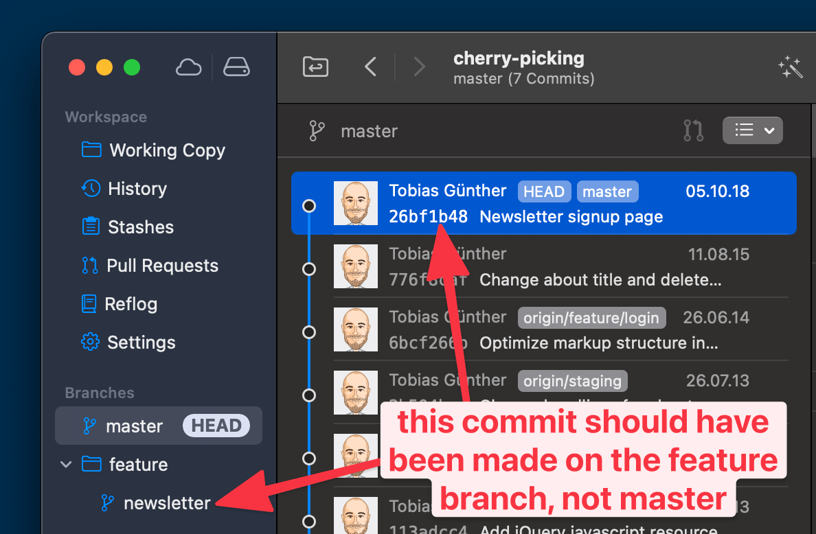 Showing the Tower app UI with a commit history of a master branch. Red arrows point to the most recent commit and the newsletter branch,. indicating that is where the commit was intended to go.