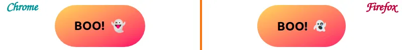 Screenshot collage. Chrome on the left, Firefox on the right, showing differences between ghost emojis. The button has a pastel gradient background going along the main diagonal, the text 'Boo!' in black and a ghost emoji, which is going to look different depending on the OS and browser.