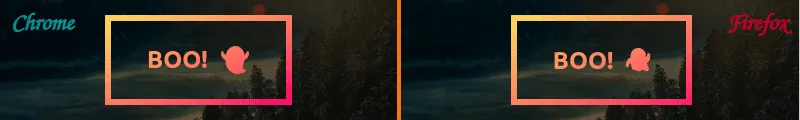 Screenshot collage. Chrome (left) vs. Firefox (right). Both display a pastel gradient ghost button with no rounded corners. The only difference is in the shape of the emoji. This is entirely normal and fine, as emojis look different depending on OS and browser.
