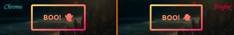 Screenshot collage. Chrome (left) vs. Firefox (right). Both display a pastel gradient ghost button with small rounded corners, the rounding radius being the same size as the border-width. The only difference is in the shape of the emoji. This is entirely normal and fine, as emojis look different depending on OS and browser.