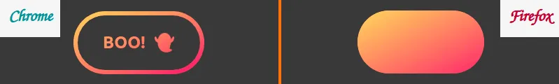 Screenshot collage. Chrome (left) vs. Firefox (right). Chrome displays a pill-shaped pastel gradient ghost button. Firefox sadly only displays a pill-shaped button with no visible text.