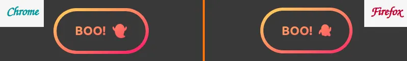 Screenshot collage. Chrome (left) vs. Firefox (right). Both display a pill-shaped pastel gradient ghost button that has a solid background behind. The only difference is in the shape of the emoji. This is entirely normal and fine, as emojis look different depending on OS and browser.