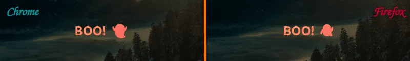 Screenshot collage. Chrome (left) vs. Firefox (right), highlighting the differences in emoji shapes when they're part of knockout text. This is entirely normal and fine, as emojis look different depending on OS and browser.